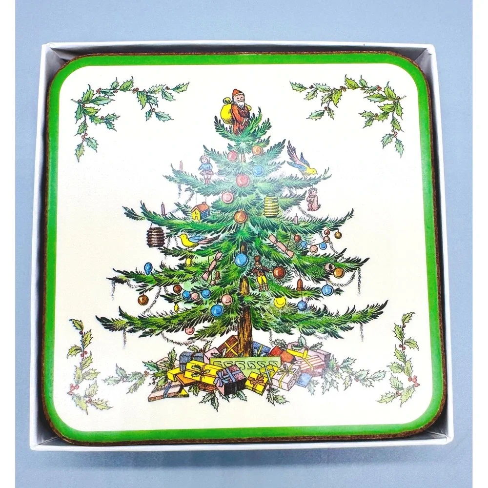 Spode Christmas Tree Coaster Cork Backed Set of 6 Green Trim Box England Vintage
